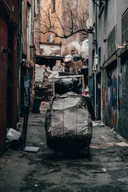 A collection of overflowing rubbish bins and scattered waste on a paved area in front of a commercial building. The waste includes crumpled paper, cardboard boxes, plastic bags, and discarded packagin